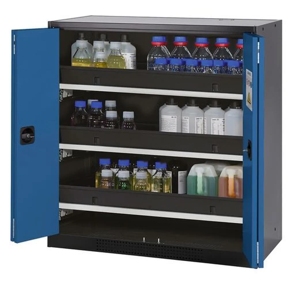asecos® - asecos Chemikalienschrank Systema-T CS-103F, Korpus anthrazit, Falttüren blau, 3 Tablarauszüge