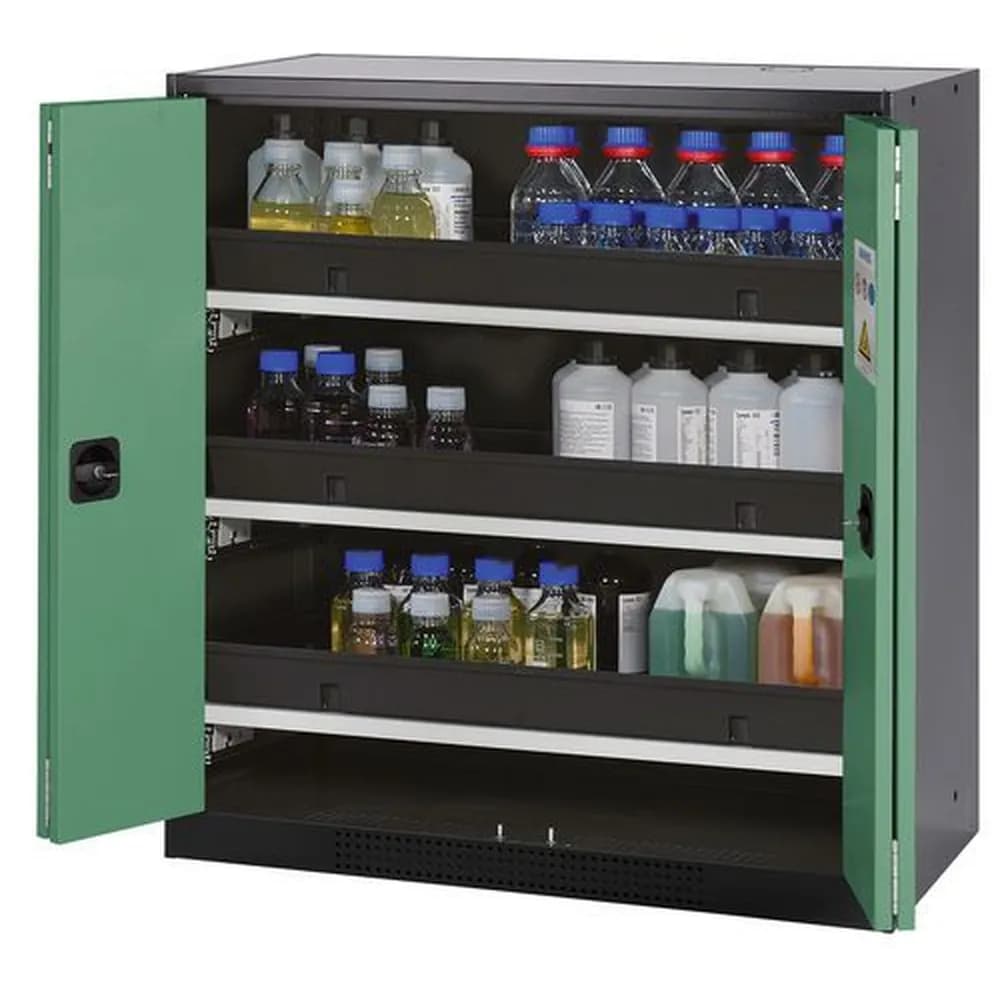 asecos® - asecos Chemikalienschrank Systema-T CS-103F, Korpus anthrazit, Falttüren grün, 3 Tablarauszüge