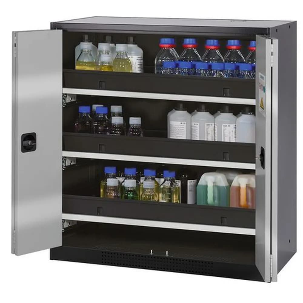 asecos® - asecos Chemikalienschrank Systema-T CS-103F, Korpus anthrazit, Falttüren silber, 3 Tablarauszüge