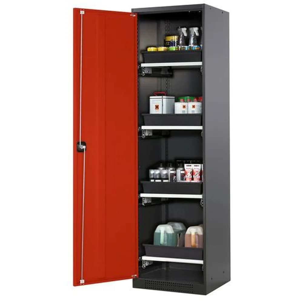 asecos® - asecos Chemikalienschrank Systema-T CS-54L, Korpus anthrazit, Flügeltüren rot, 4 Tablarauszüge