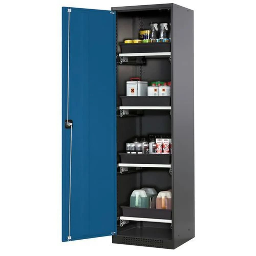 asecos® - asecos Chemikalienschrank Systema-T CS-54L, Korpus anthrazit, Flügeltüren blau, 4 Tablarauszüge