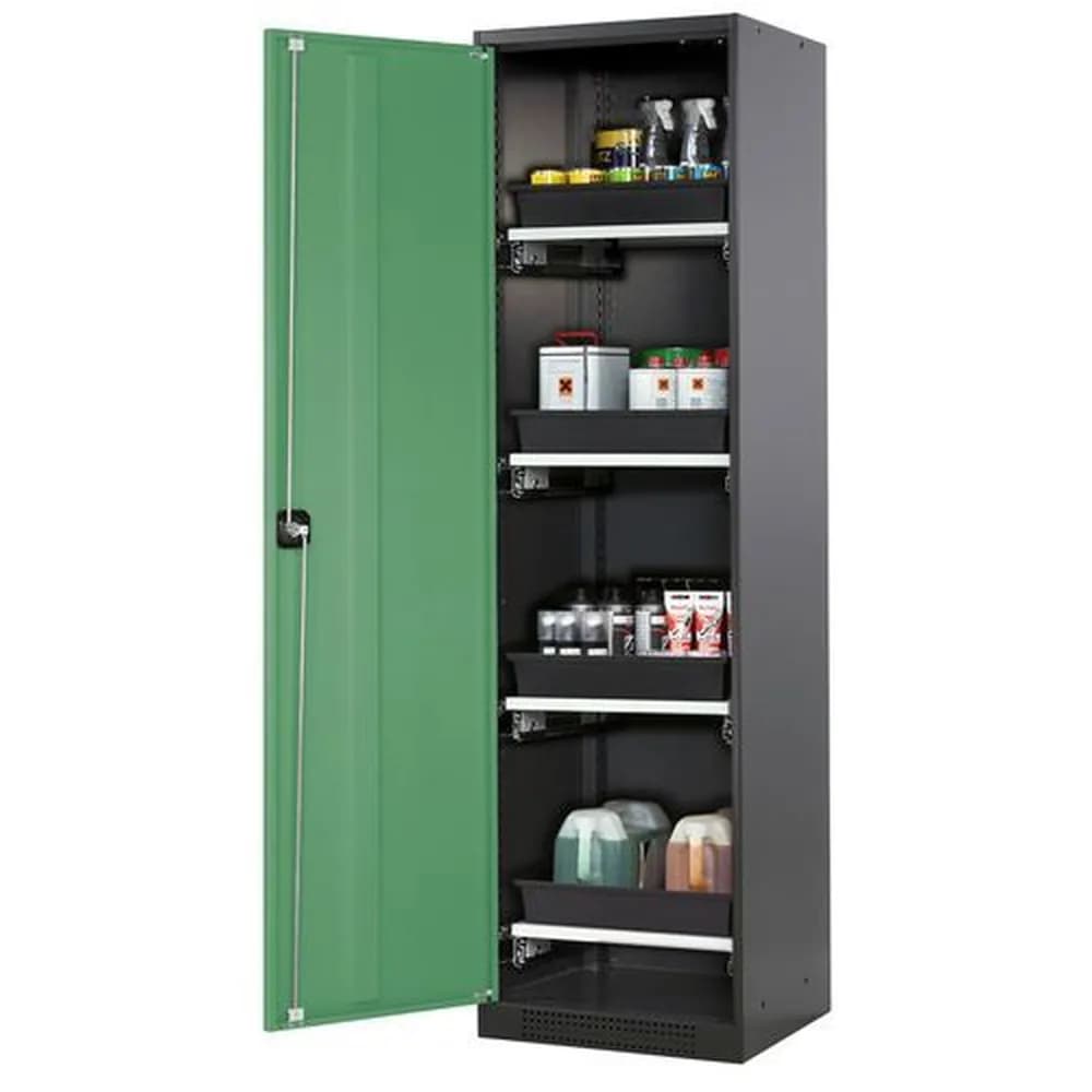 asecos® - asecos Chemikalienschrank Systema-T CS-54L, Korpus anthrazit, Flügeltüren grün, 4 Tablarauszüge