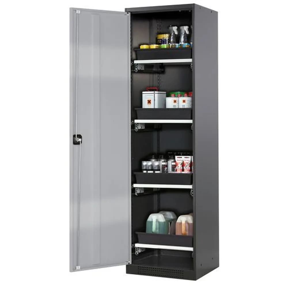 asecos® - asecos Chemikalienschrank Systema-T CS-54L, Korpus anthrazit, Flügeltüren silber, 4 Tablarauszüge