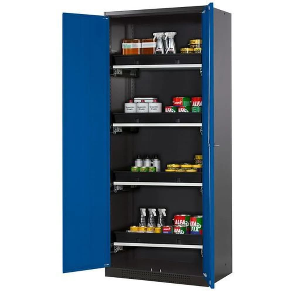 asecos® - asecos Chemikalienschrank Systema-T CS-84, Korpus anthrazit, Flügeltüren blau, 4 Tablarauszüge