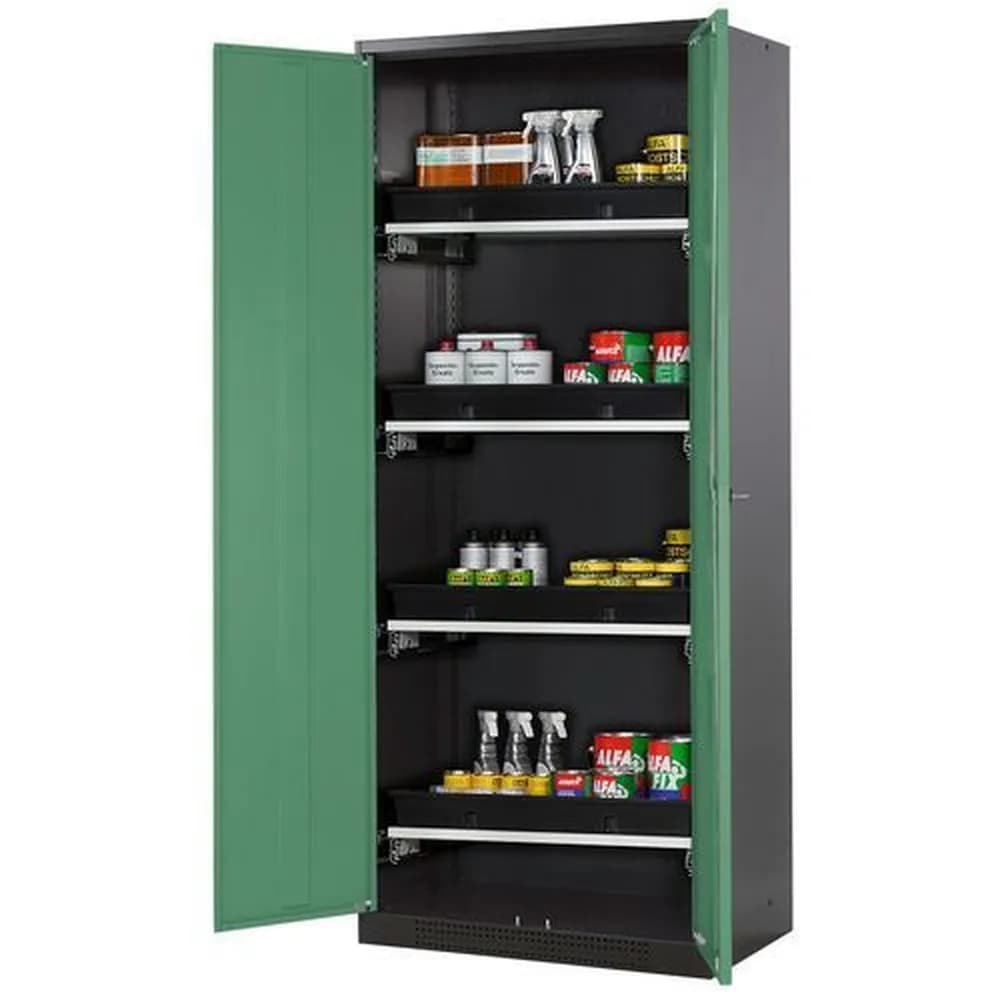 asecos® - asecos Chemikalienschrank Systema-T CS-84, Korpus anthrazit, Flügeltüren grün, 4 Tablarauszüge