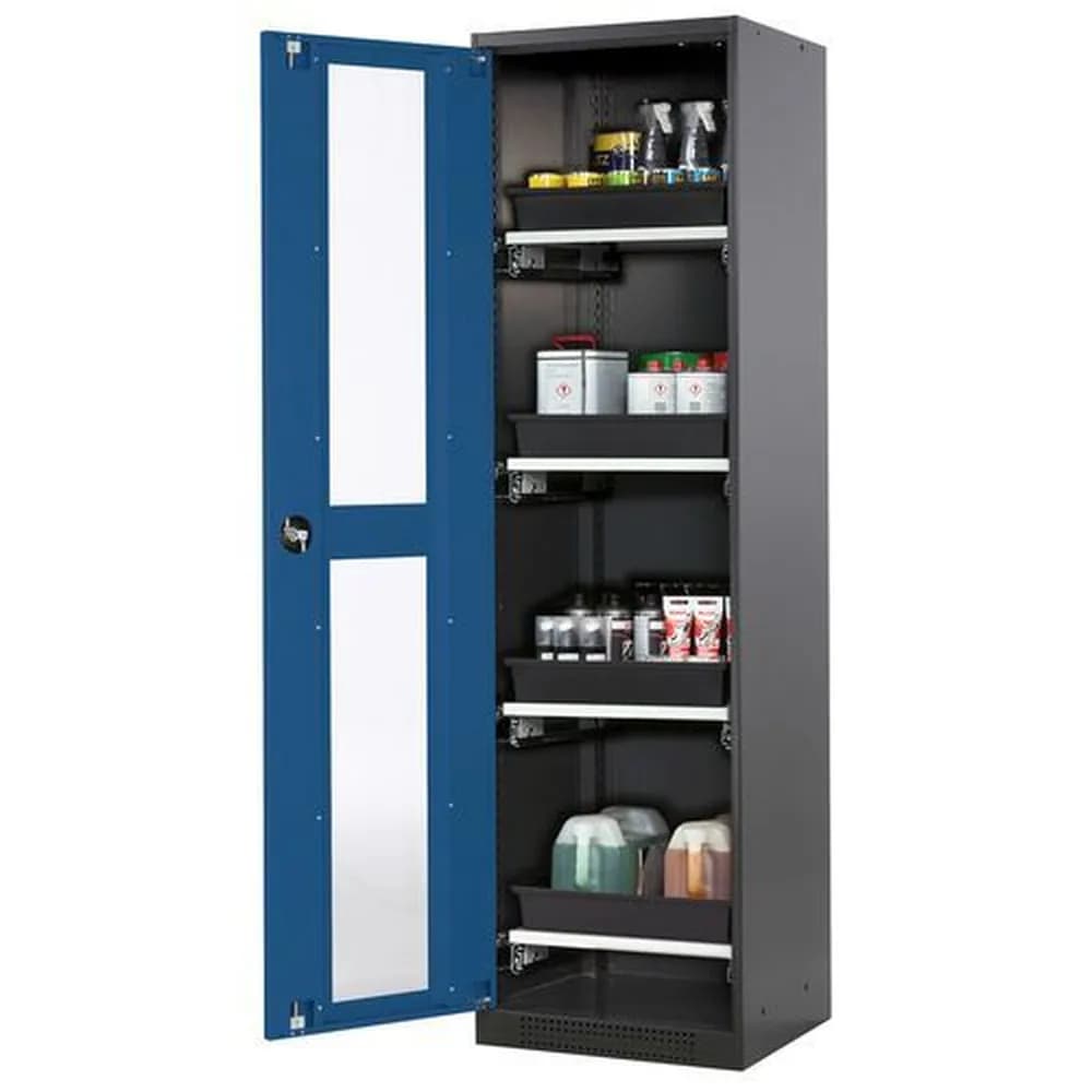 asecos® - asecos Chemikalienschrank Systema-T CS-54LG, Korpus anthrazit, Flügeltüren blau, 4 Tablarauszüge