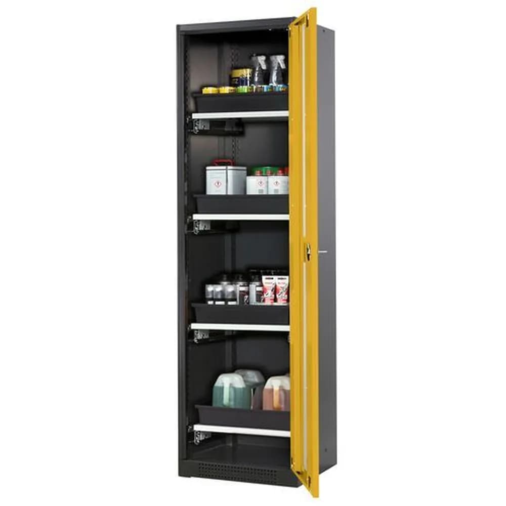 asecos® - asecos Chemikalienschrank Systema-T CS-54RG, Korpus anthrazit, Flügeltüren gelb, 4 Tablarauszüge