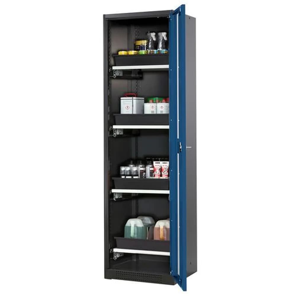 asecos® - Chemikalienschrank Systema-T CS-54RG, Korpus anthrazit, Flügeltüren blau, 4 Tablarauszüge
