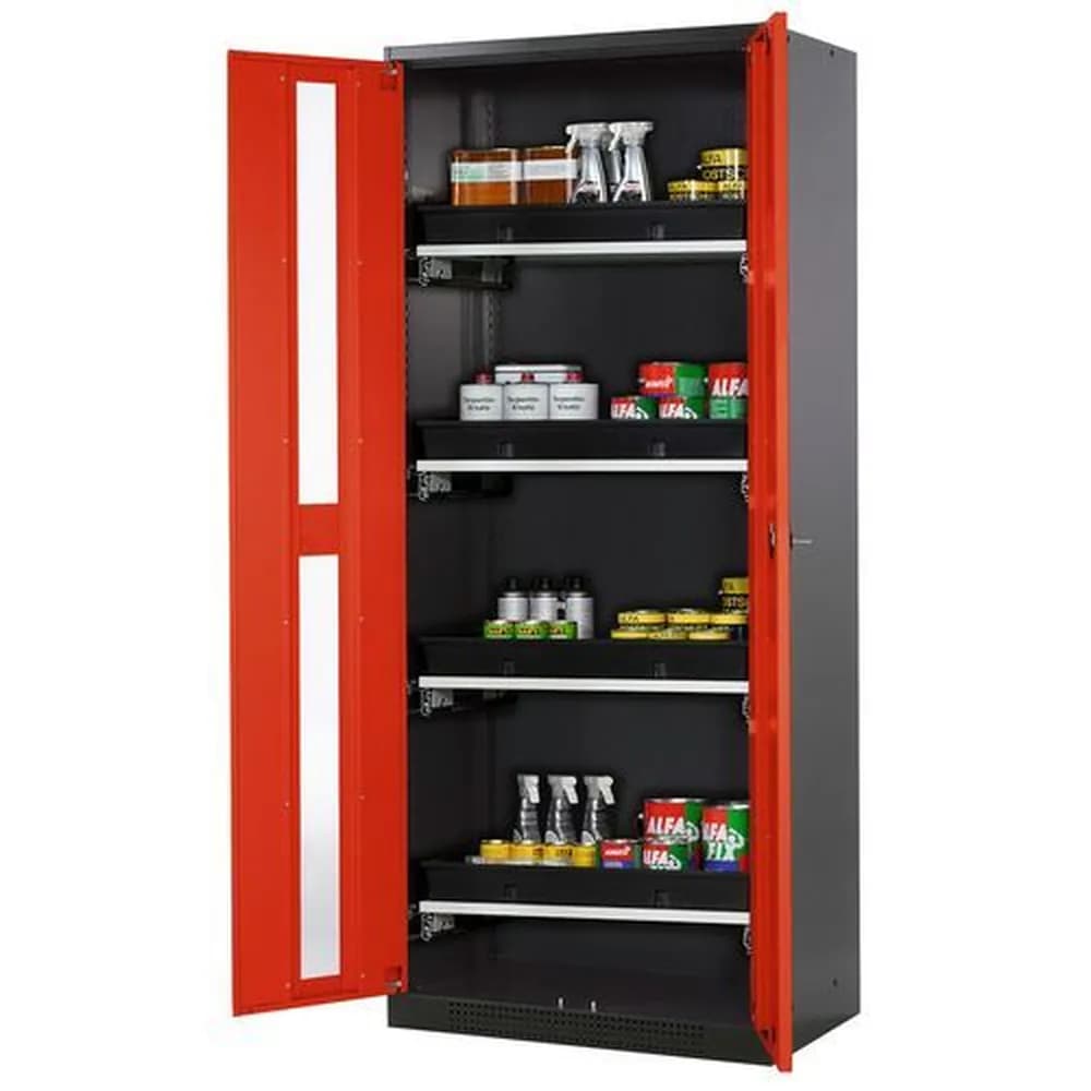 asecos® - asecos Chemikalienschrank Systema-T CS-84G, Korpus anthrazit, Flügeltüren rot, 4 Tablarauszüge