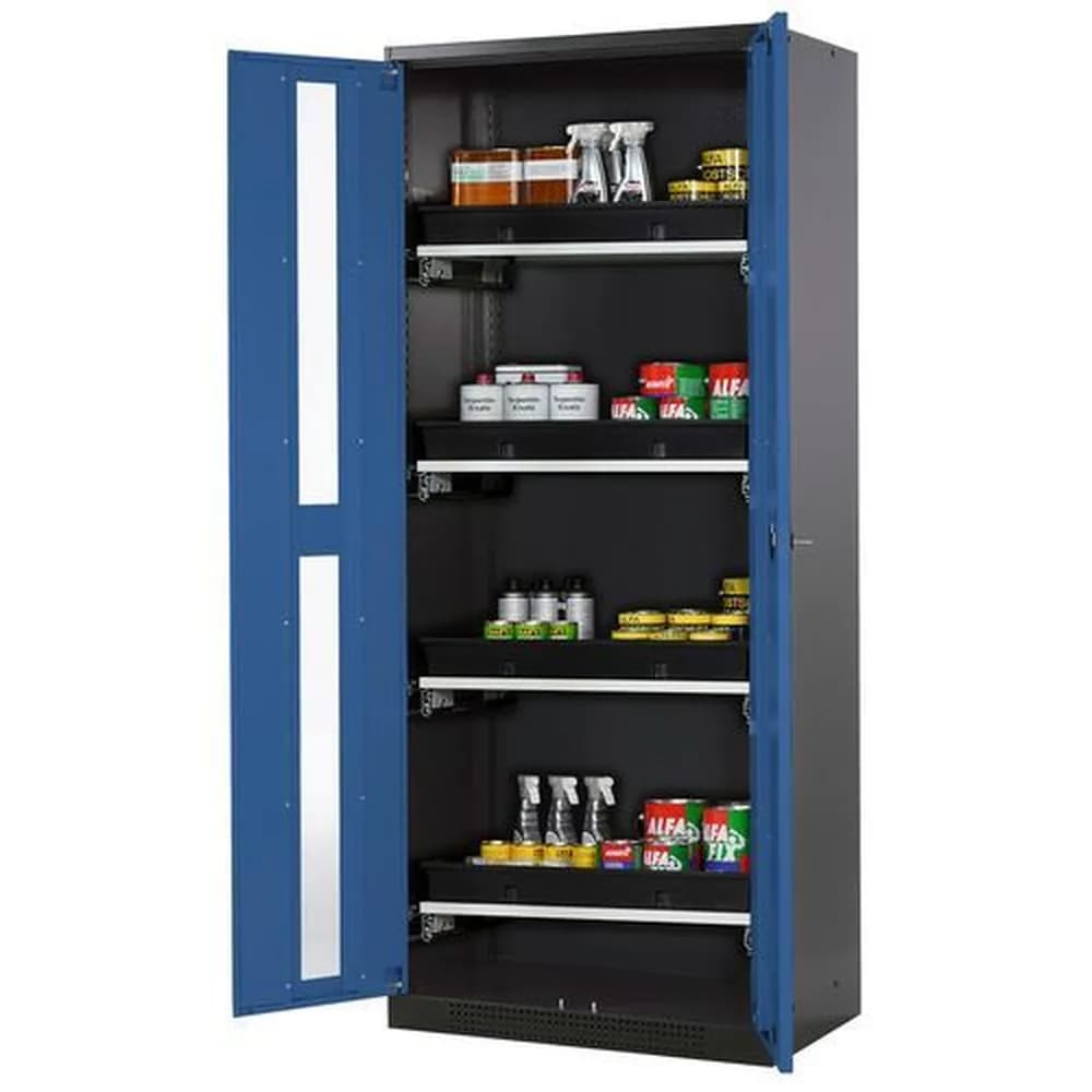 asecos® - asecos Chemikalienschrank Systema-T CS-84G, Korpus anthrazit, Flügeltüren blau, 4 Tablarauszüge