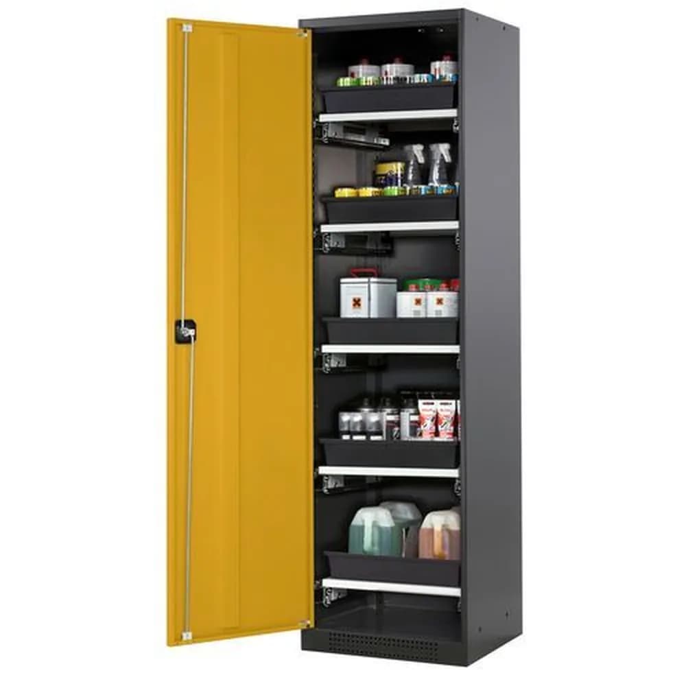 asecos® - asecos Chemikalienschrank Systema-T CS-55L, Korpus anthrazit, Flügeltüren gelb, 5 Tablarauszüge