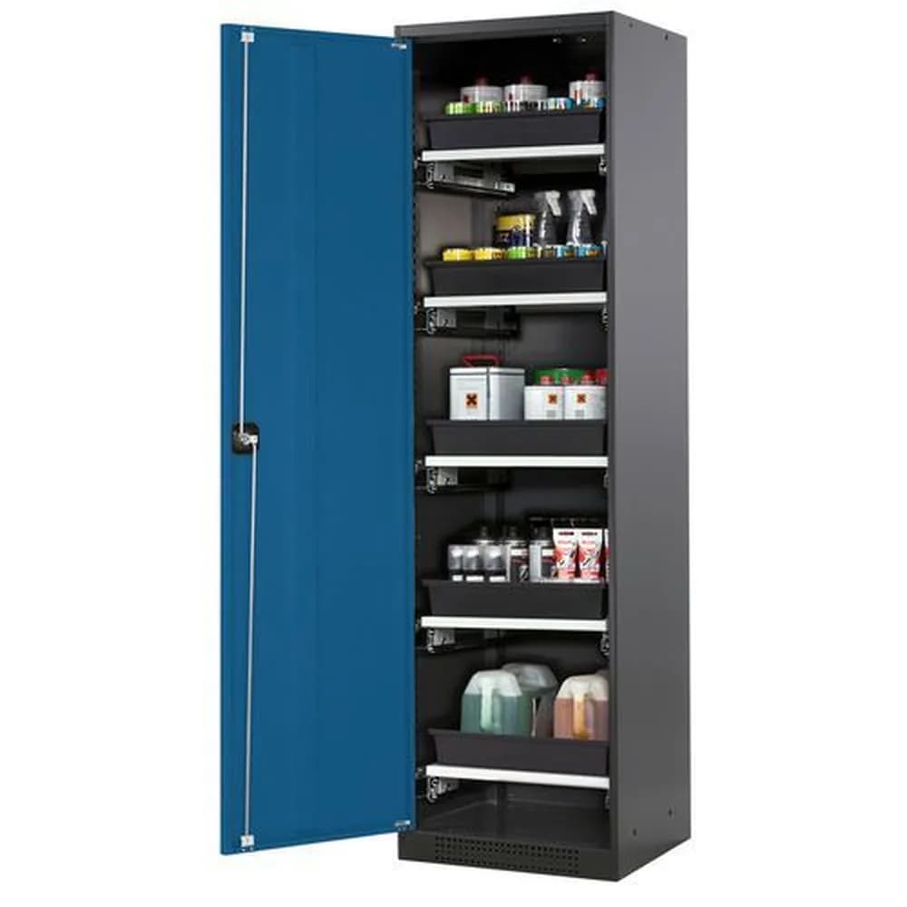 asecos® - asecos Chemikalienschrank Systema-T CS-55L, Korpus anthrazit, Flügeltüren blau, 5 Tablarauszüge