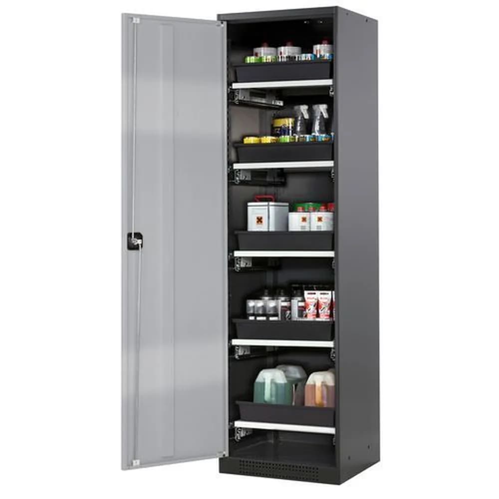asecos® - asecos Chemikalienschrank Systema-T CS-55L, Korpus anthrazit, Flügeltüren silber, 5 Tablarauszüge