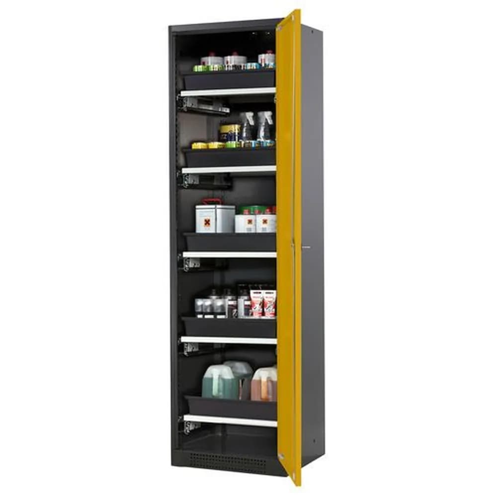 asecos® - asecos Chemikalienschrank Systema-T CS-55R, Korpus anthrazit, Flügeltüren gelb, 5 Tablarauszüge