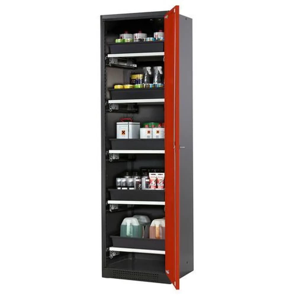 asecos® - asecos Chemikalienschrank Systema-T CS-55R, Korpus anthrazit, Flügeltüren rot, 5 Tablarauszüge