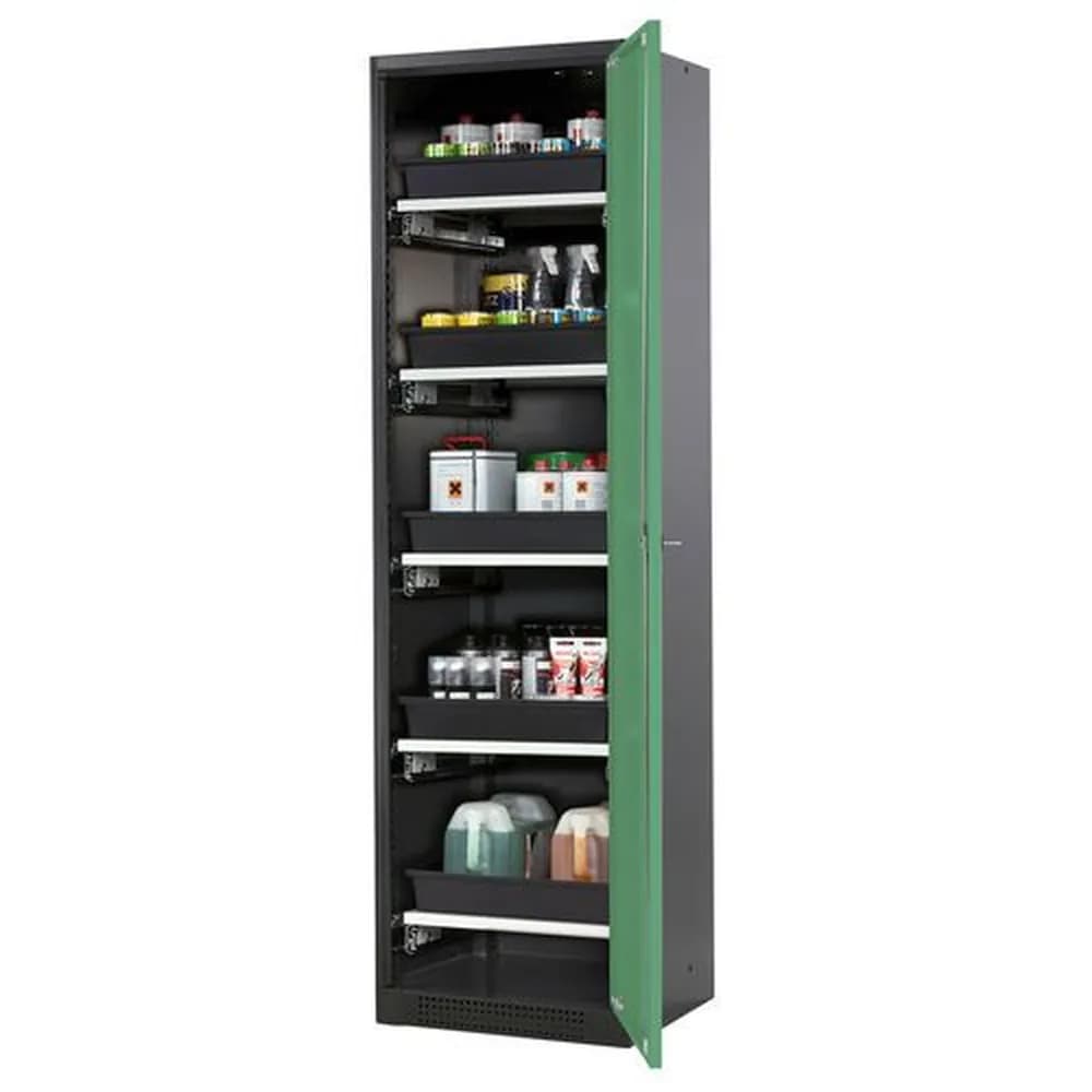 asecos® - asecos Chemikalienschrank Systema-T CS-55R, Korpus anthrazit, Flügeltüren grün, 5 Tablarauszüge