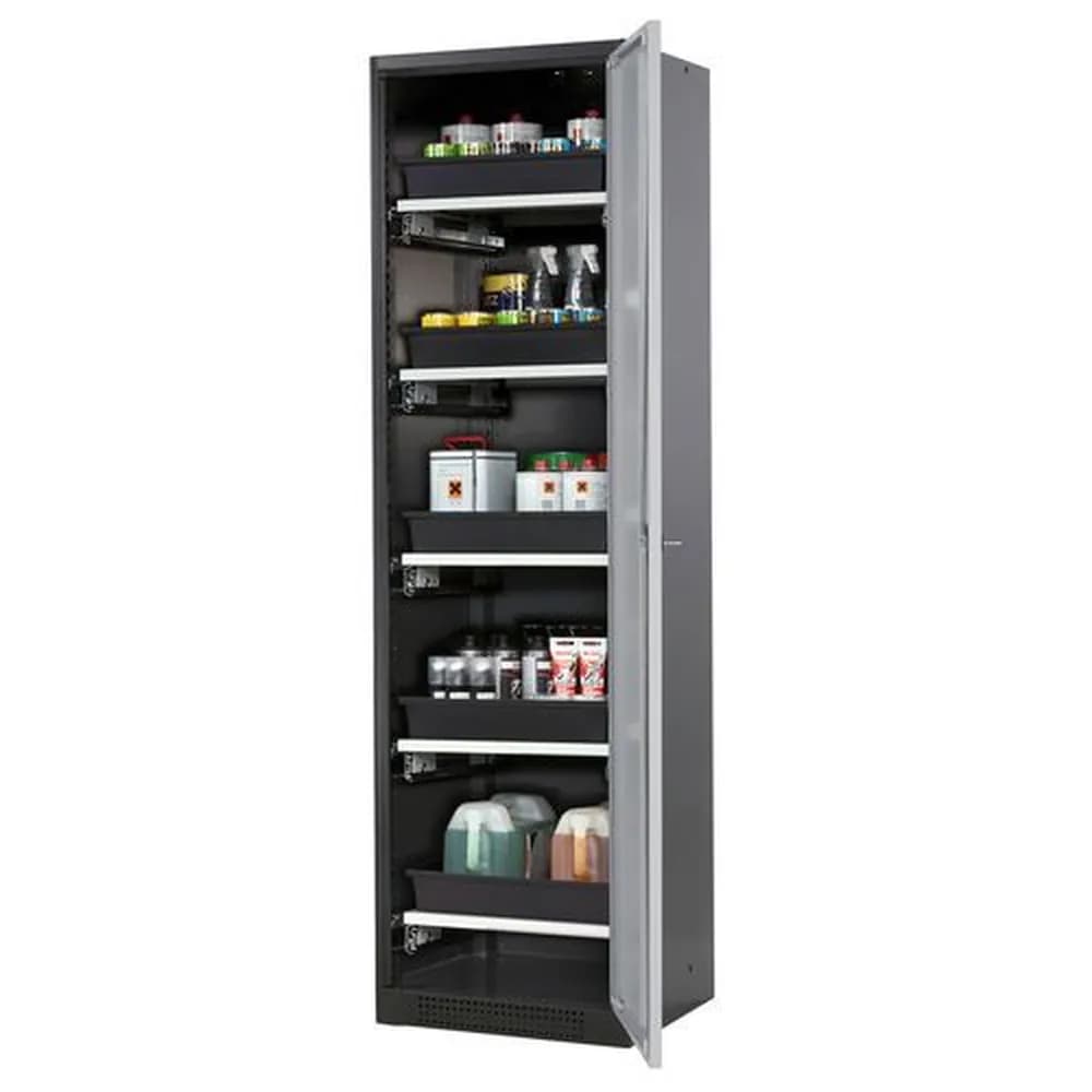 asecos® - asecos Chemikalienschrank Systema-T CS-55R, Korpus anthrazit, Flügeltüren silber, 5 Tablarauszüge