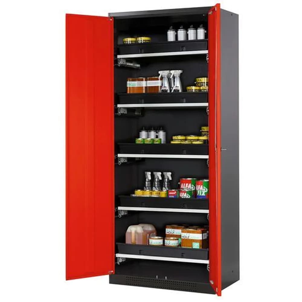 asecos® - asecos Chemikalienschrank Systema-T CS-85, Korpus anthrazit, Flügeltüren rot, 5 Tablarauszüge