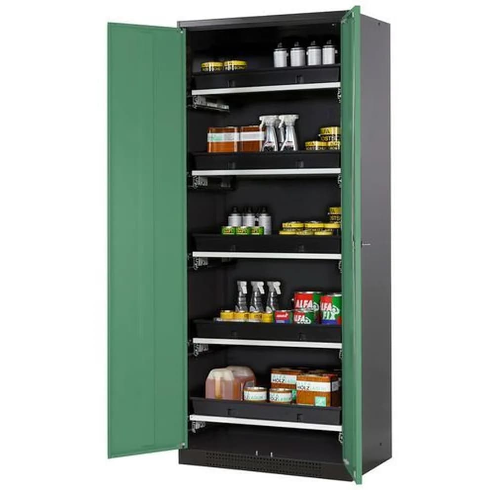 asecos® - asecos Chemikalienschrank Systema-T CS-85, Korpus anthrazit, Flügeltüren grün, 5 Tablarauszüge
