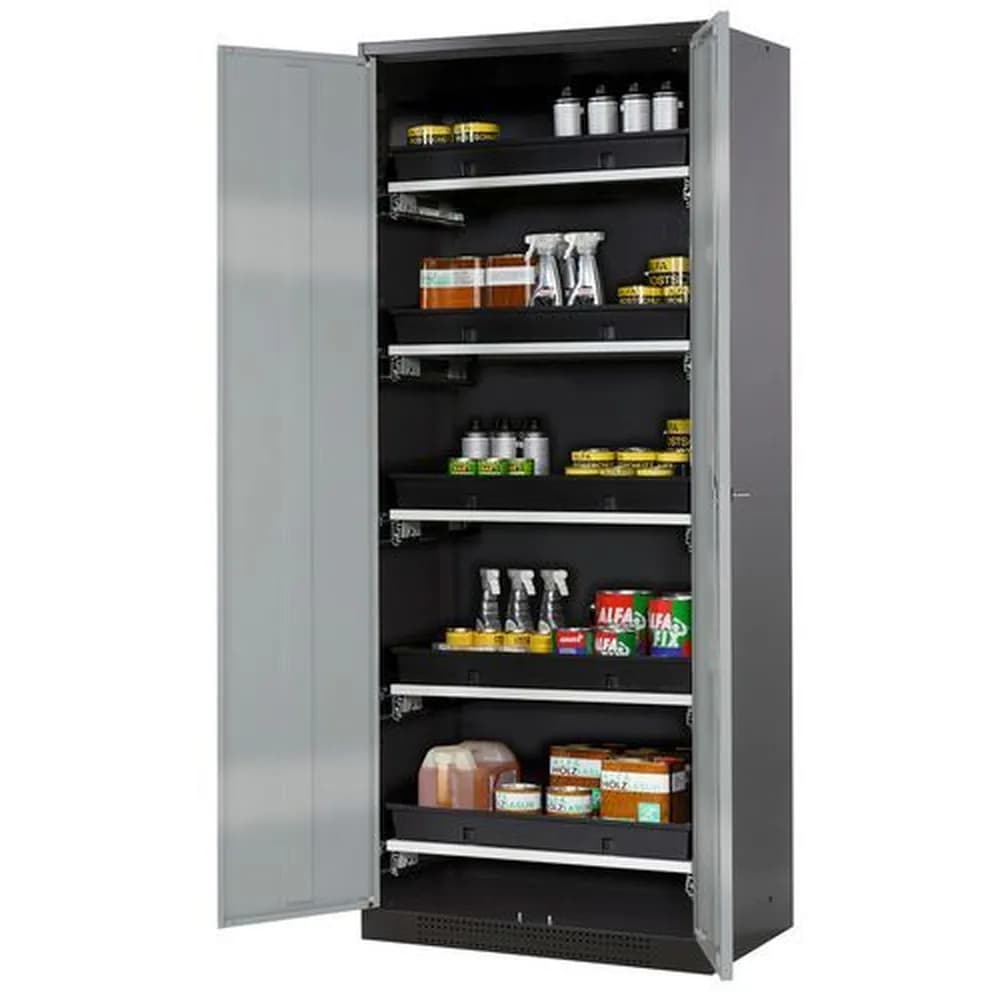 asecos® - asecos Chemikalienschrank Systema-T CS-85, Korpus anthrazit, Flügeltüren silber, 5 Tablarauszüge
