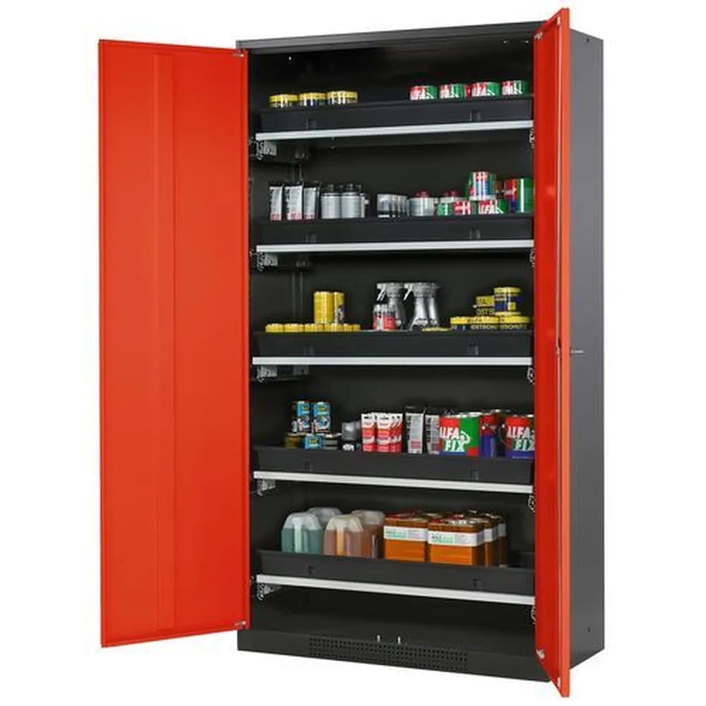 asecos® - asecos Chemikalienschrank Systema-T CS-105, Korpus anthrazit, Flügeltüren rot, 5 Tablarauszüge