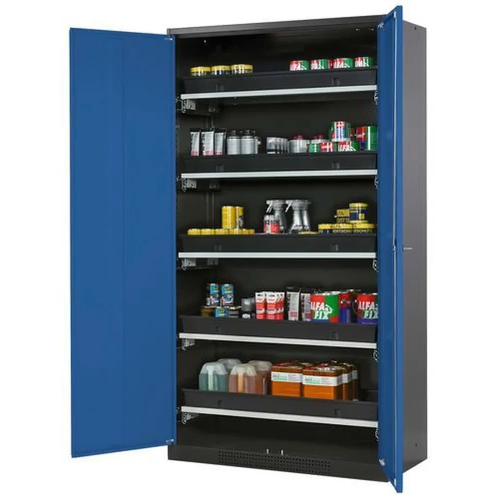 asecos® - asecos Chemikalienschrank Systema-T CS-105, Korpus anthrazit, Flügeltüren blau, 5 Tablarauszüge