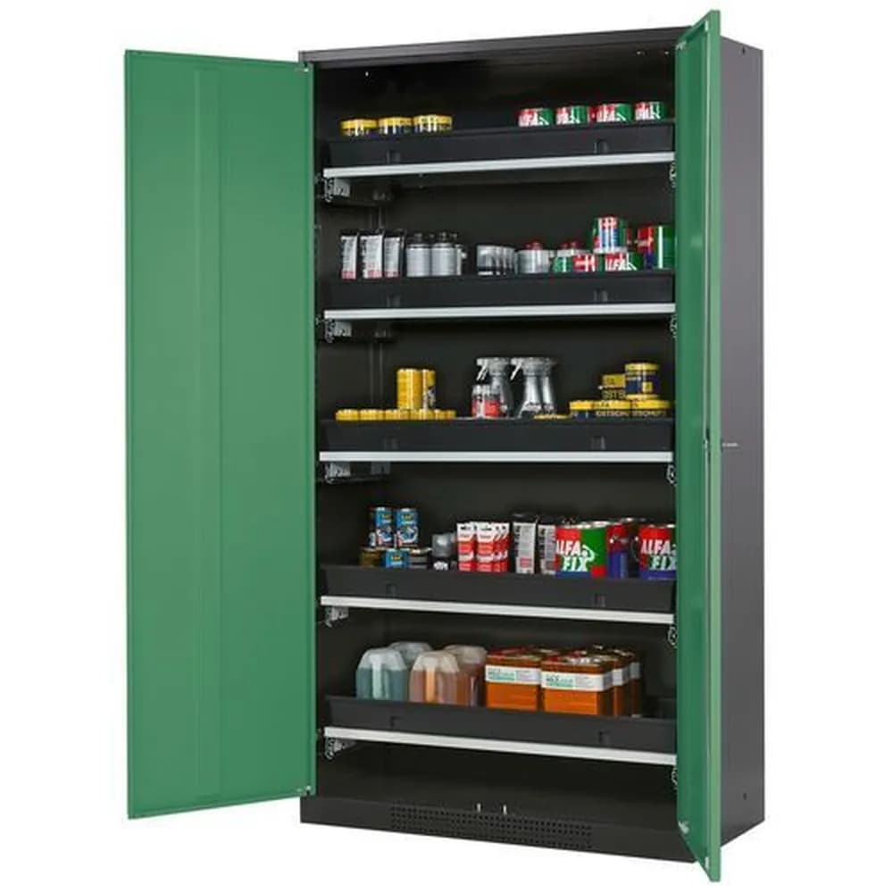 asecos® - asecos Chemikalienschrank Systema-T CS-105, Korpus anthrazit, Flügeltüren grün, 5 Tablarauszüge