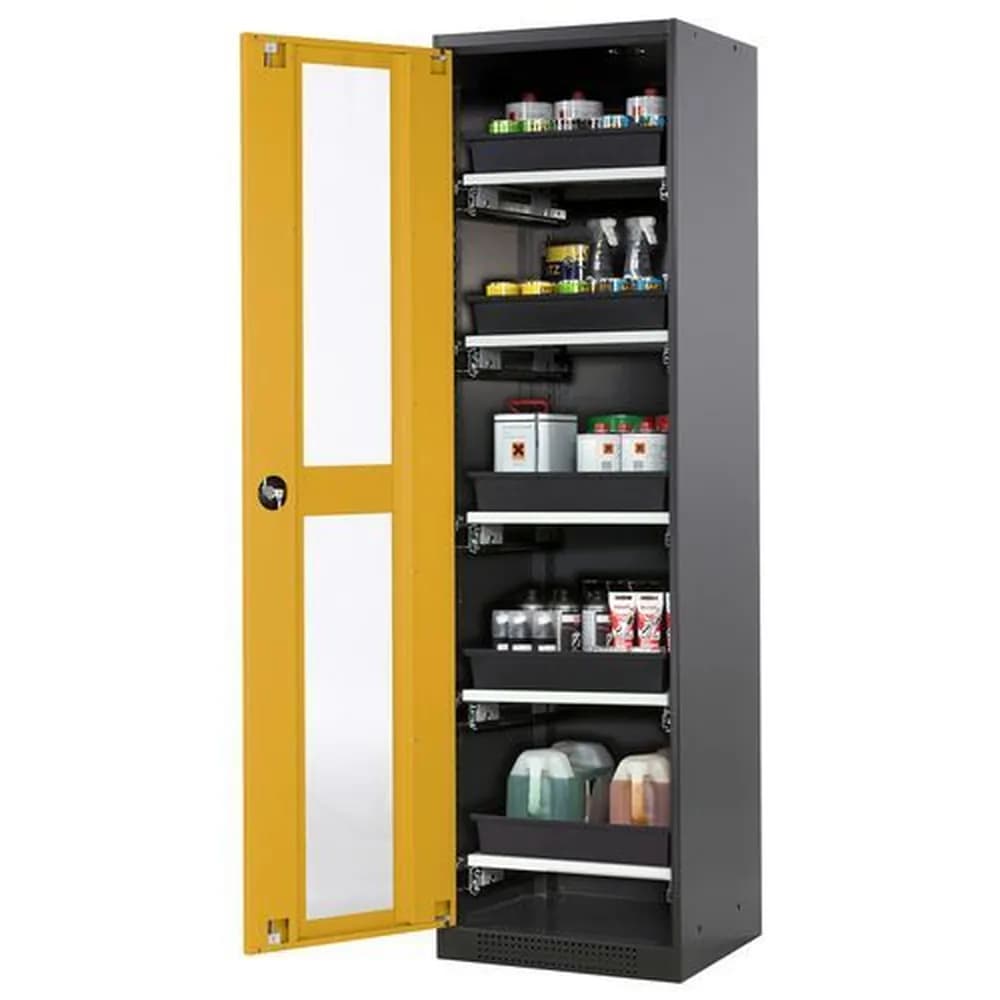 asecos® - asecos Chemikalienschrank Systema-T CS-55LG, Korpus anthrazit, Flügeltüren gelb, 5 Tablarauszüge