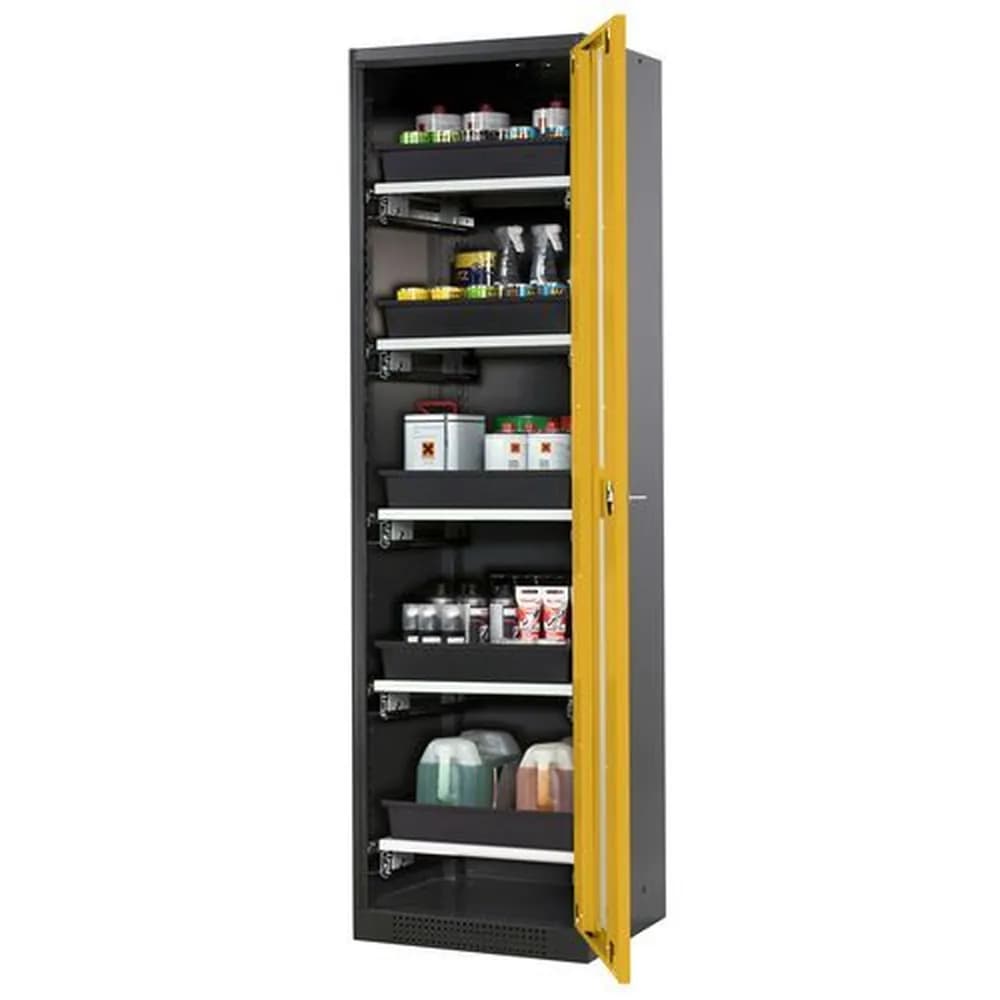 asecos® - asecos Chemikalienschrank Systema-T CS-55RG, Korpus anthrazit, Flügeltüren gelb, 5 Tablarauszüge
