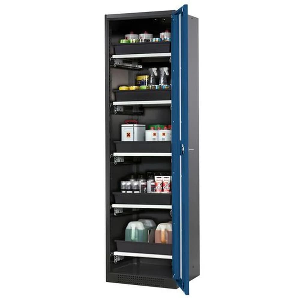 asecos® - Chemikalienschrank Systema-T CS-55RG, Korpus anthrazit, Flügeltüren blau, 5 Tablarauszüge