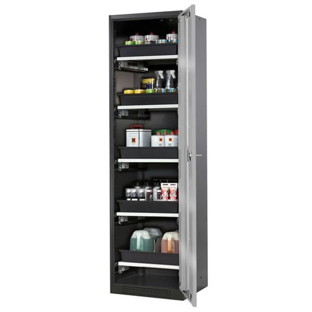 asecos® - asecos Chemikalienschrank Systema-T CS-55RG, Korpus anthrazit, Flügeltüren silber, 5 Tablarauszüge