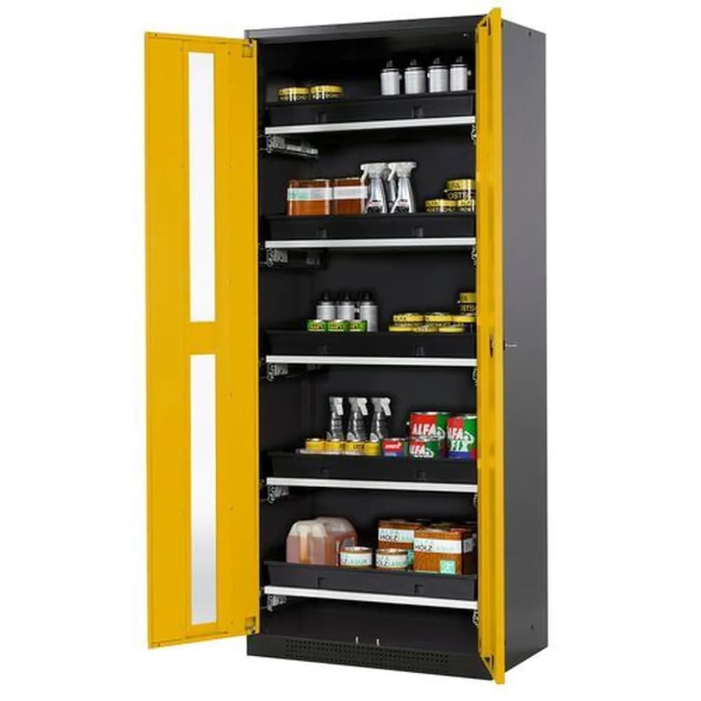 asecos® - asecos Chemikalienschrank Systema-T CS-85G, Korpus anthrazit, Flügeltüren gelb, 5 Tablarauszüge