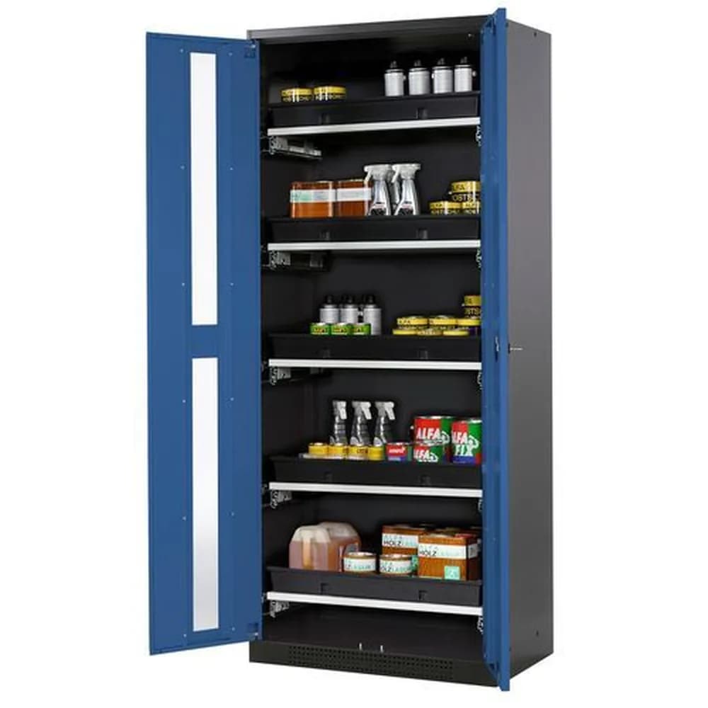 asecos® - asecos Chemikalienschrank Systema-T CS-85G, Korpus anthrazit, Flügeltüren blau, 5 Tablarauszüge
