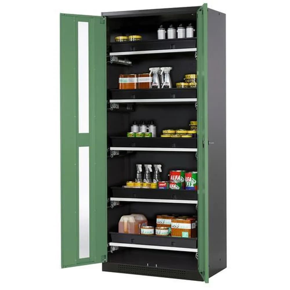 asecos® - asecos Chemikalienschrank Systema-T CS-85G, Korpus anthrazit, Flügeltüren grün, 5 Tablarauszüge