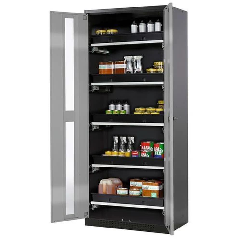 asecos® - asecos Chemikalienschrank Systema-T CS-85G, Korpus anthrazit, Flügeltüren silber, 5 Tablarauszüge