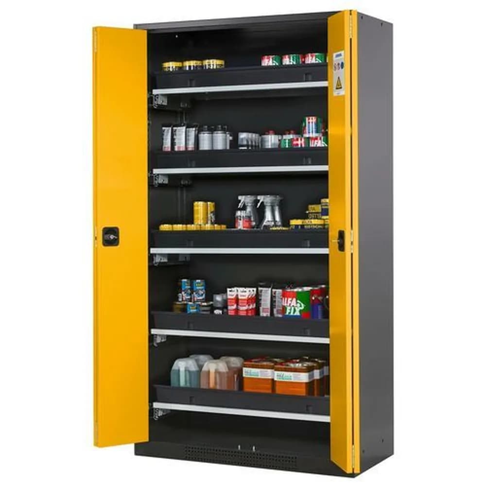 asecos® - asecos Chemikalienschrank Systema-T CS-105F, Korpus anthrazit, Falttüren gelb, 5 Tablarauszüge