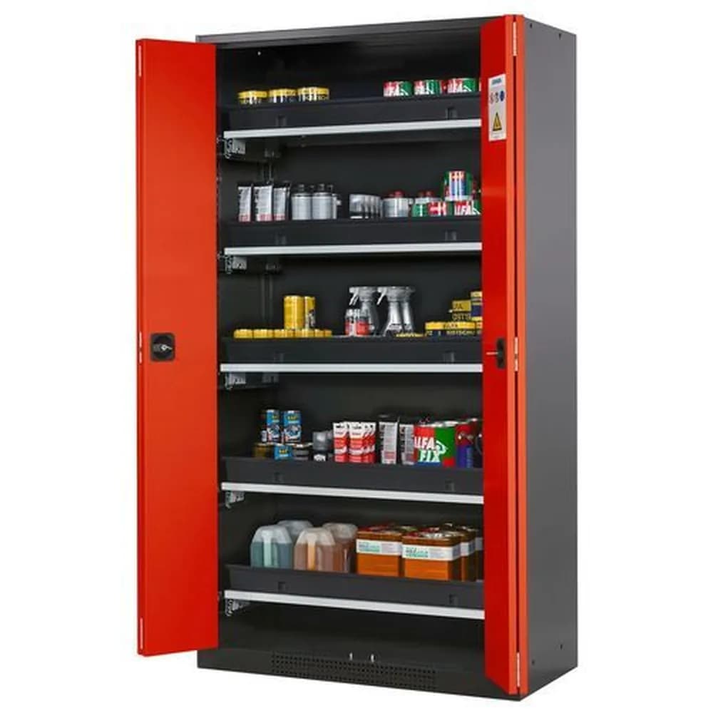 asecos® - asecos Chemikalienschrank Systema-T CS-105F, Korpus anthrazit, Falttüren rot, 5 Tablarauszüge