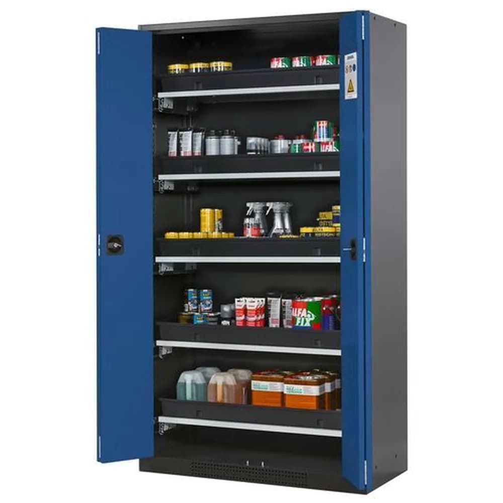 asecos® - asecos Chemikalienschrank Systema-T CS-105F, Korpus anthrazit, Falttüren blau, 5 Tablarauszüge