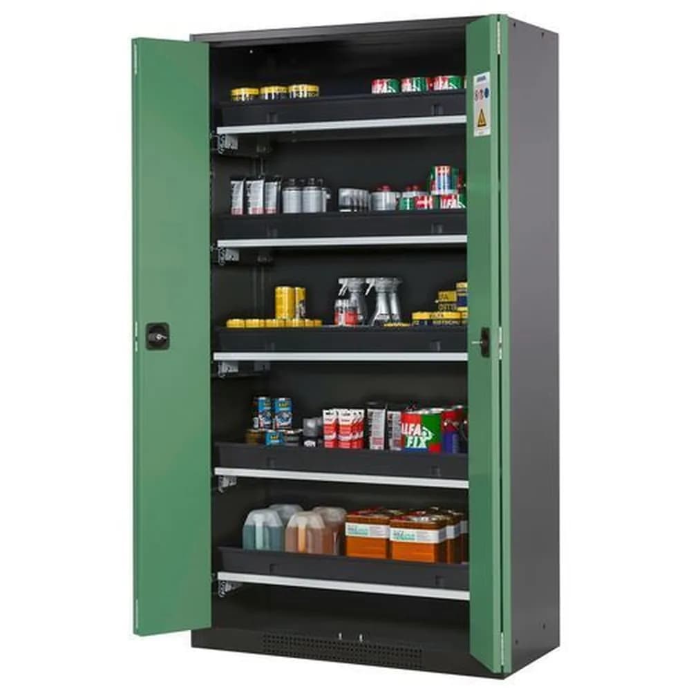 asecos® - asecos Chemikalienschrank Systema-T CS-105F, Korpus anthrazit, Falttüren grün, 5 Tablarauszüge