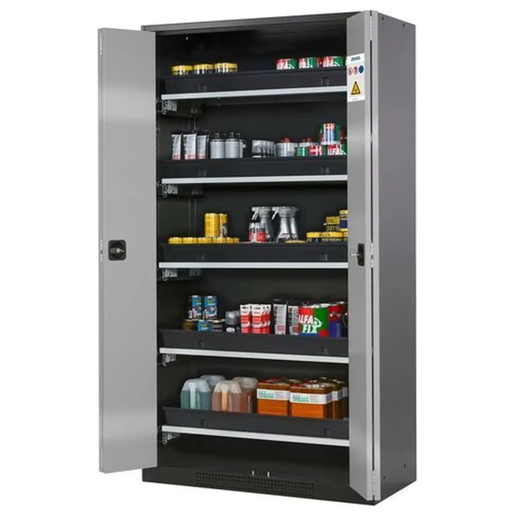 asecos® - asecos Chemikalienschrank Systema-T CS-105F, Korpus anthrazit, Falttüren silber, 5 Tablarauszüge