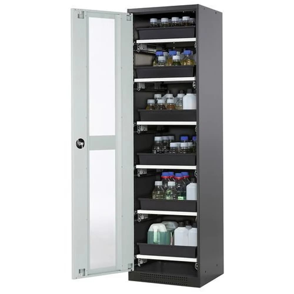 asecos® - asecos Chemikalienschrank Systema-T CS-56LG, Korpus anthrazit, Flügeltüren grau, 6 Tablarauszüge