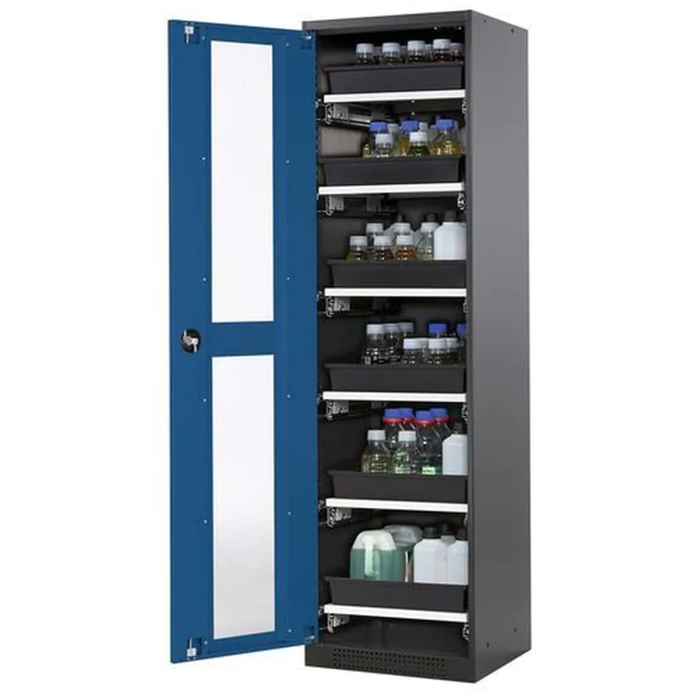 asecos® - asecos Chemikalienschrank Systema-T CS-56LG, Korpus anthrazit, Flügeltüren blau, 6 Tablarauszüge