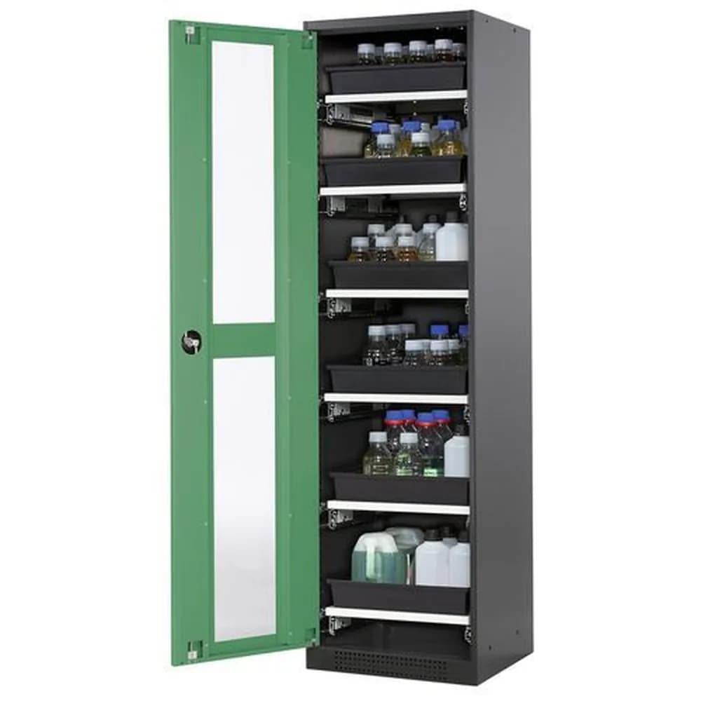 asecos® - asecos Chemikalienschrank Systema-T CS-56LG, Korpus anthrazit, Flügeltüren grün, 6 Tablarauszüge
