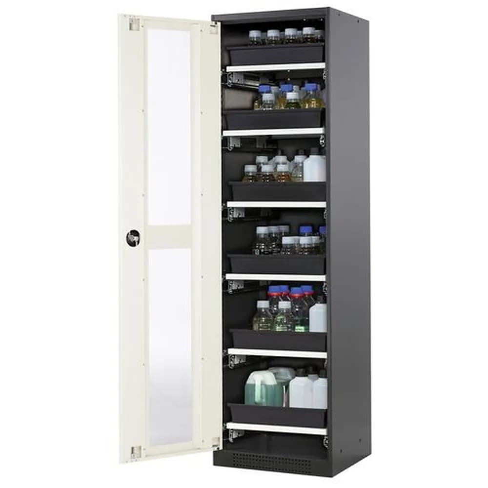 asecos® - asecos Chemikalienschrank Systema-T CS-56LG, Korpus anthrazit, Flügeltüren weiß, 6 Tablarauszüge