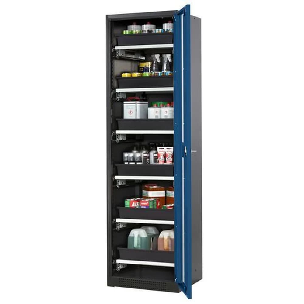asecos® - Chemikalienschrank Systema-T CS-56RG, Korpus anthrazit, Flügeltüren blau, 6 Tablarauszüge