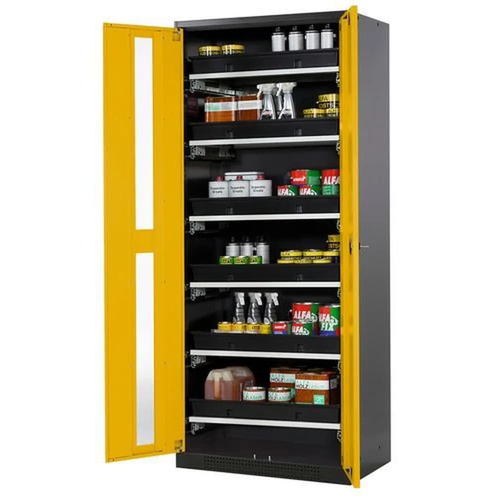 asecos® - asecos Chemikalienschrank Systema-T CS-86G, Korpus anthrazit, Flügeltüren gelb, 6 Tablarauszüge