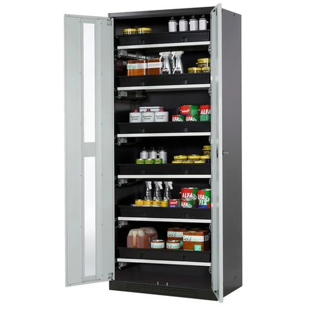 asecos® - asecos Chemikalienschrank Systema-T CS-86G, Korpus anthrazit, Flügeltüren grau, 6 Tablarauszüge