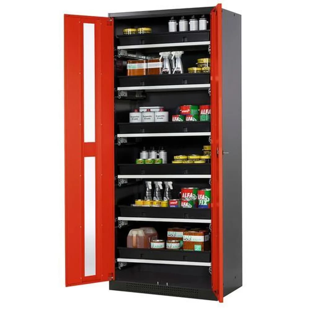 asecos® - asecos Chemikalienschrank Systema-T CS-86G, Korpus anthrazit, Flügeltüren rot, 6 Tablarauszüge