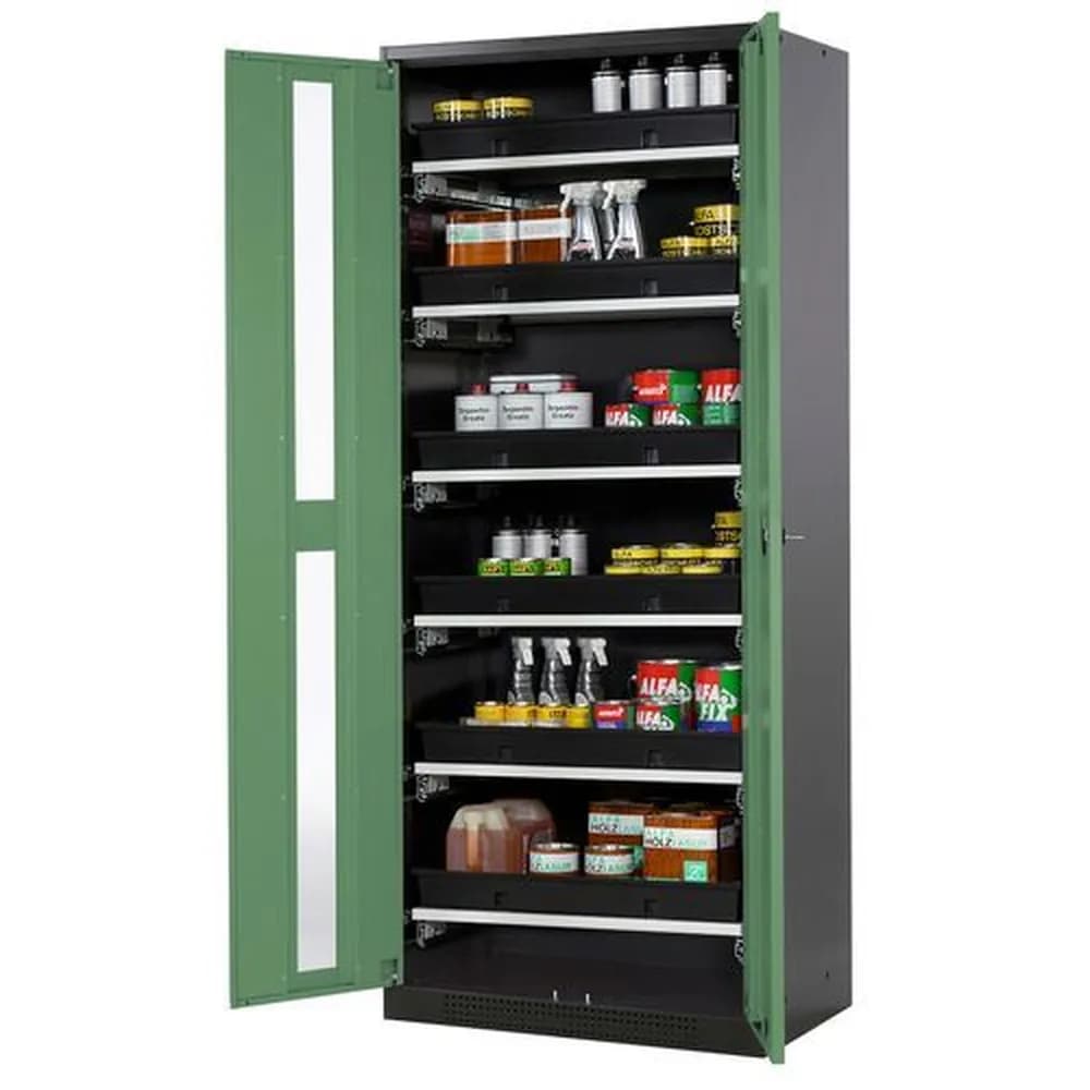 asecos® - asecos Chemikalienschrank Systema-T CS-86G, Korpus anthrazit, Flügeltüren grün, 6 Tablarauszüge