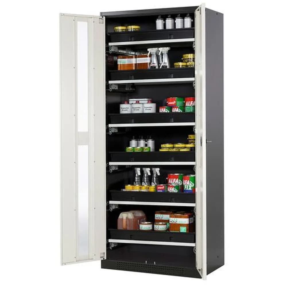 asecos® - asecos Chemikalienschrank Systema-T CS-86G, Korpus anthrazit, Flügeltüren weiß, 6 Tablarauszüge